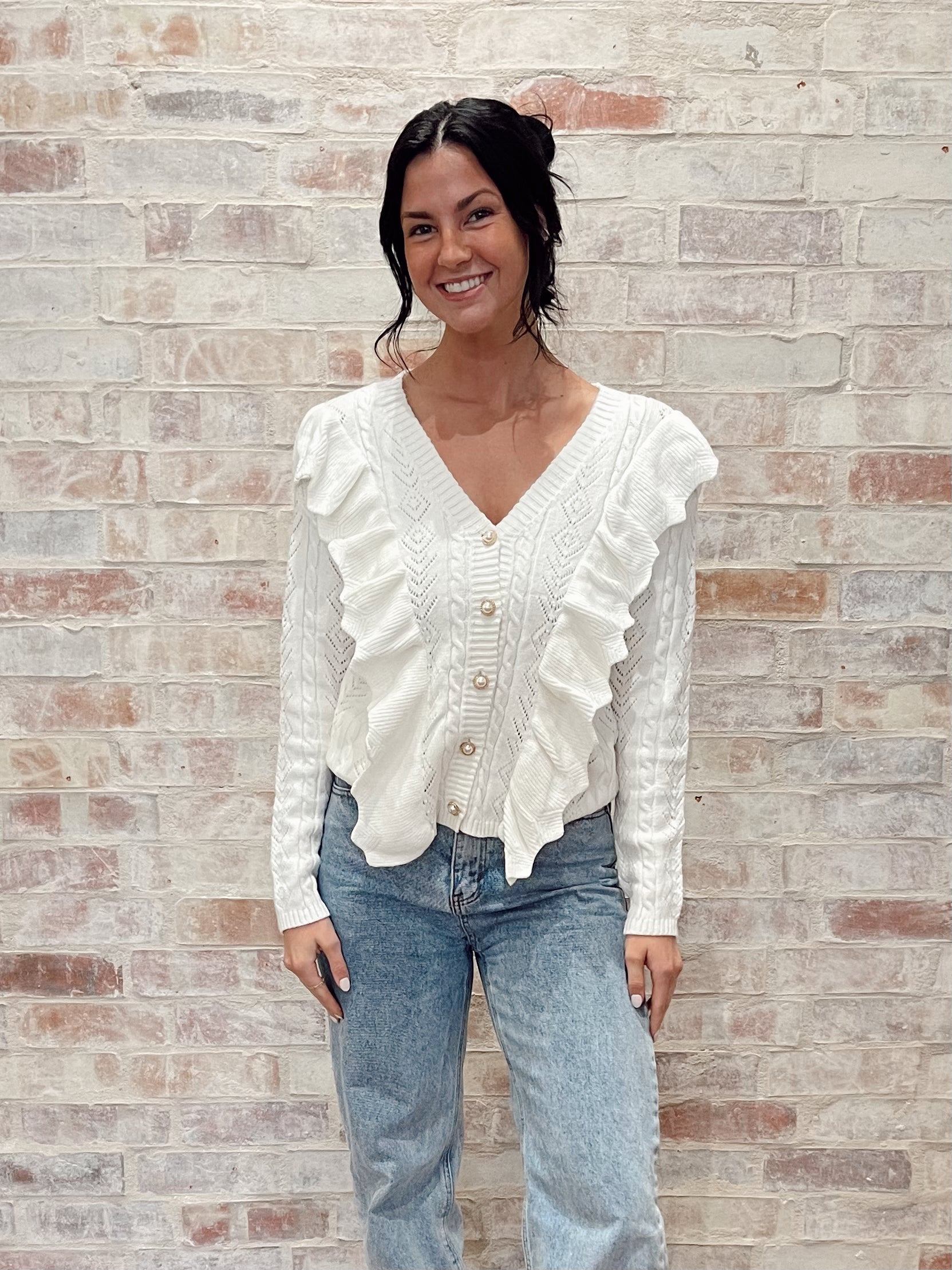 Ruffled Button Open Front Cardigan - White