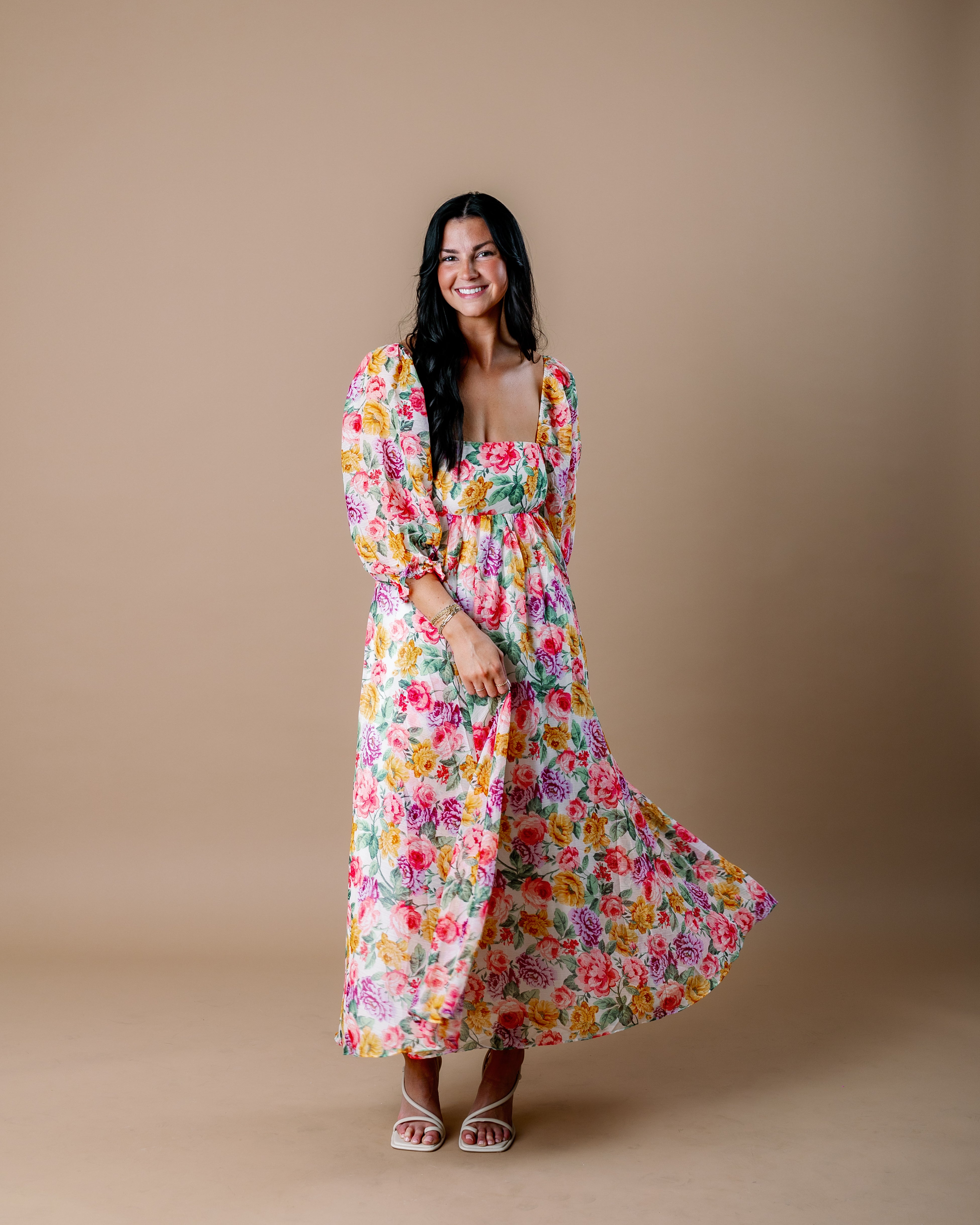 Multi Floral Puff Sleeve Maxi Dress - Pink