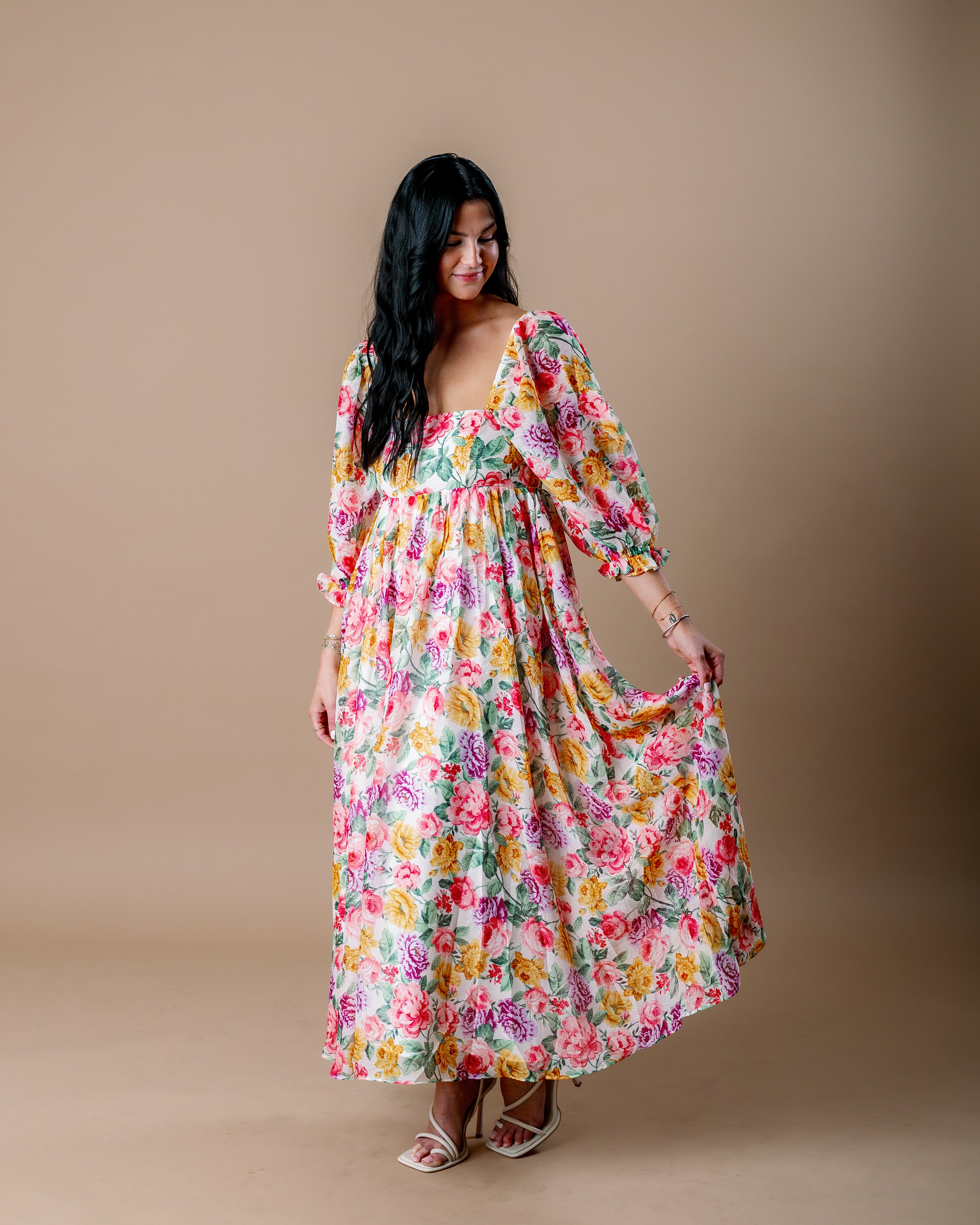 Multi Floral Puff Sleeve Maxi Dress - Pink