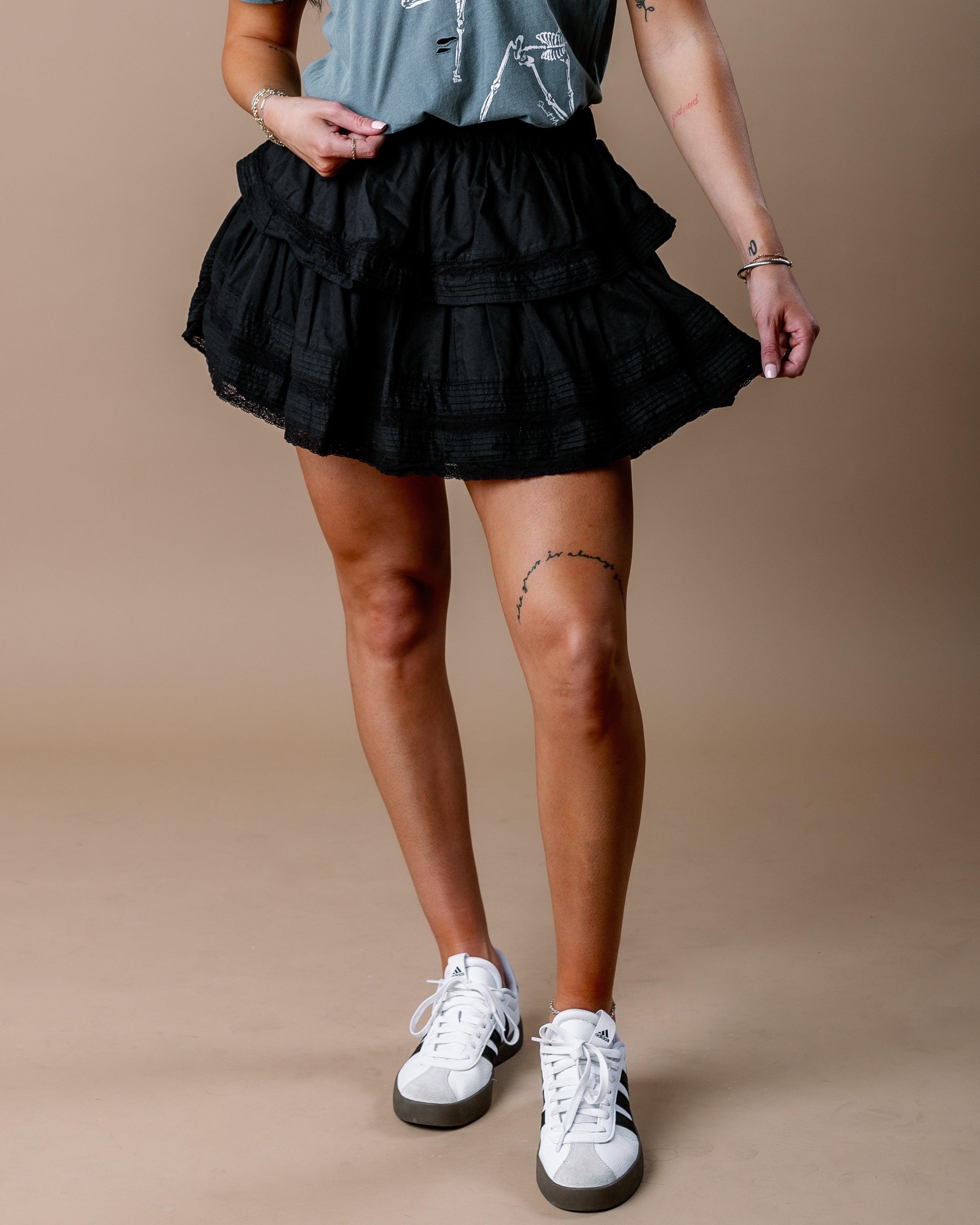 Lace Trim Tiered Skirt - Black